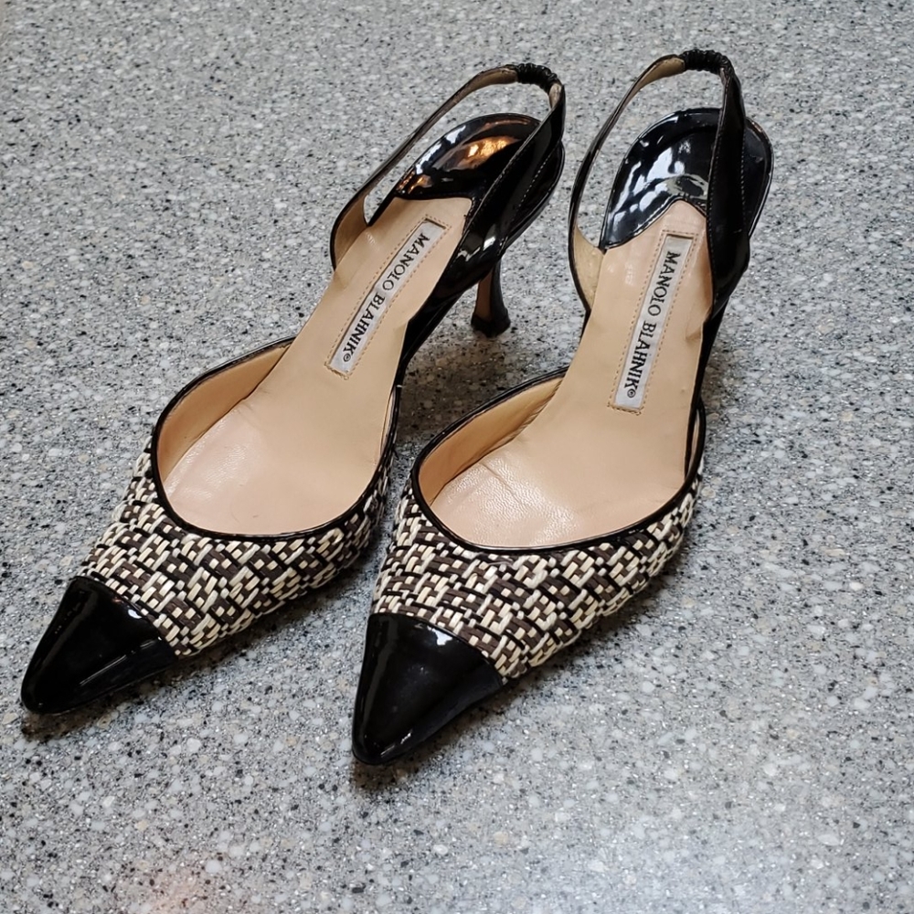 Manolo Blahnik Woven Sling Back Heels Sz38.5 GUC